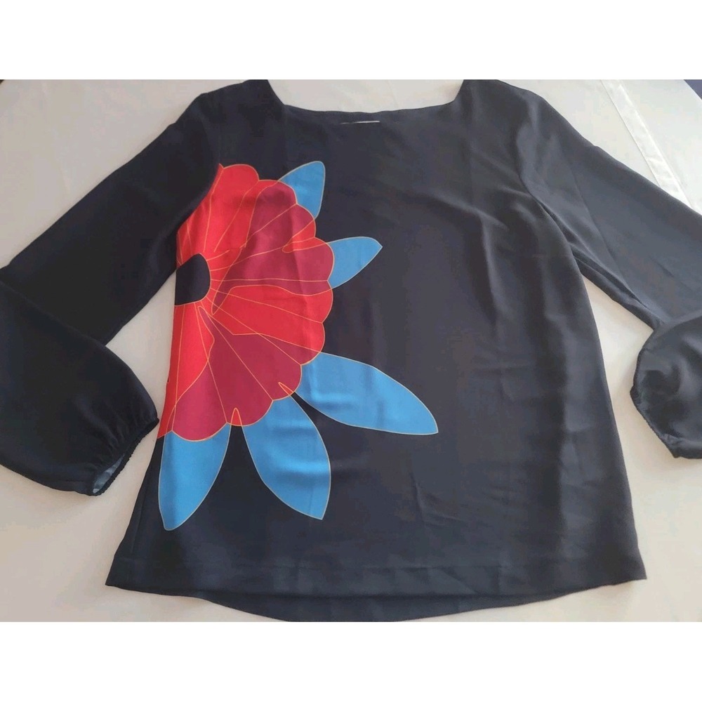 LOFT Women's Medium Statement Top Navy Blue Red Lantern Sleeve Semi Sheer Navy
